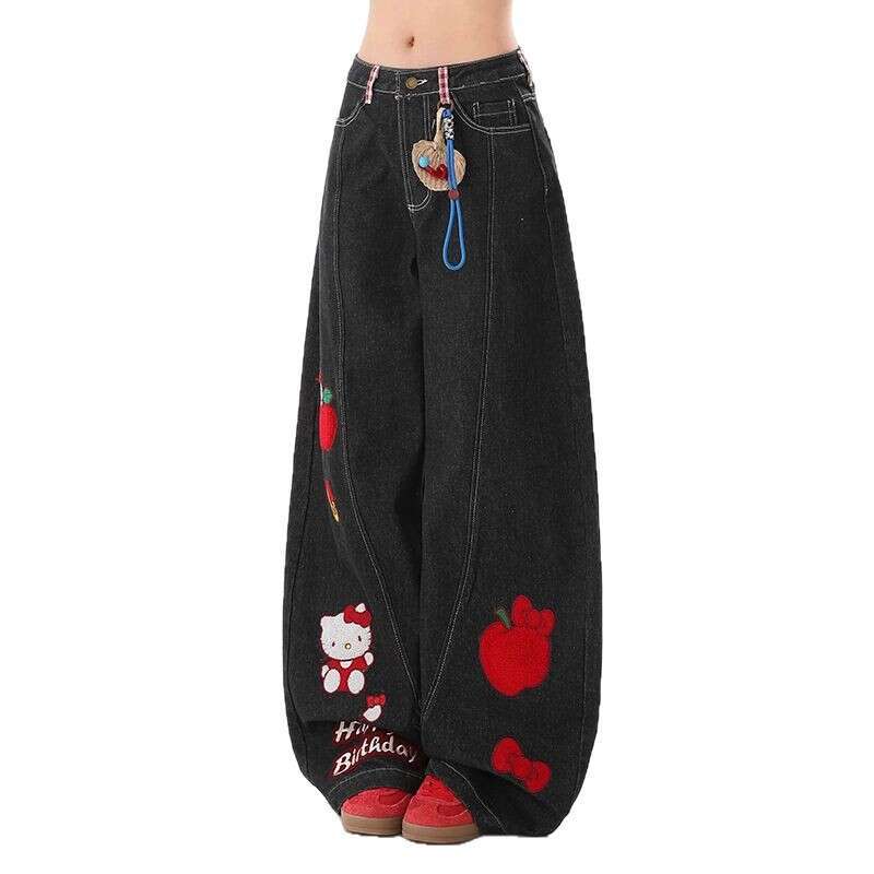 American Retro Cartoon Cat Embroidered Scythe Jeans For Women Summer New Style Loose And Slimming Wide-Leg Pants - view 6