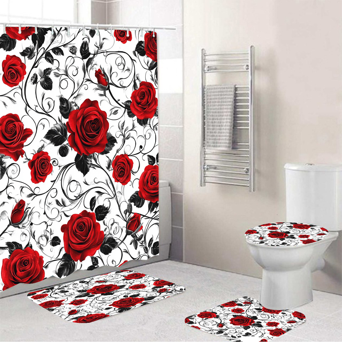 Shower Curtain Pink Bowknot Floral And Plant Pattern Black Background Bathroom Partition Curtain With Hooks