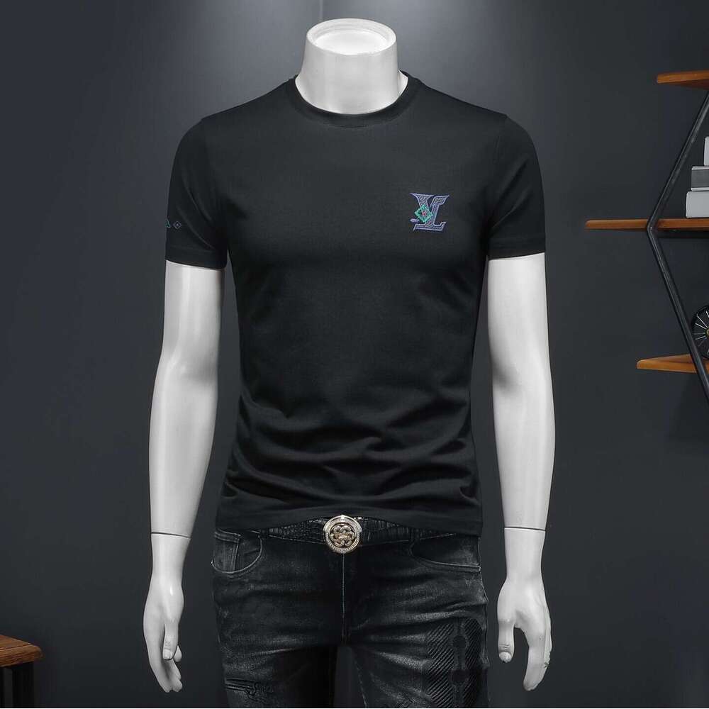 European 2026 Summer New Men's Embroidered T-Shirt, Round Neck Pullover, Short Sleeve, Simple Base Shirt