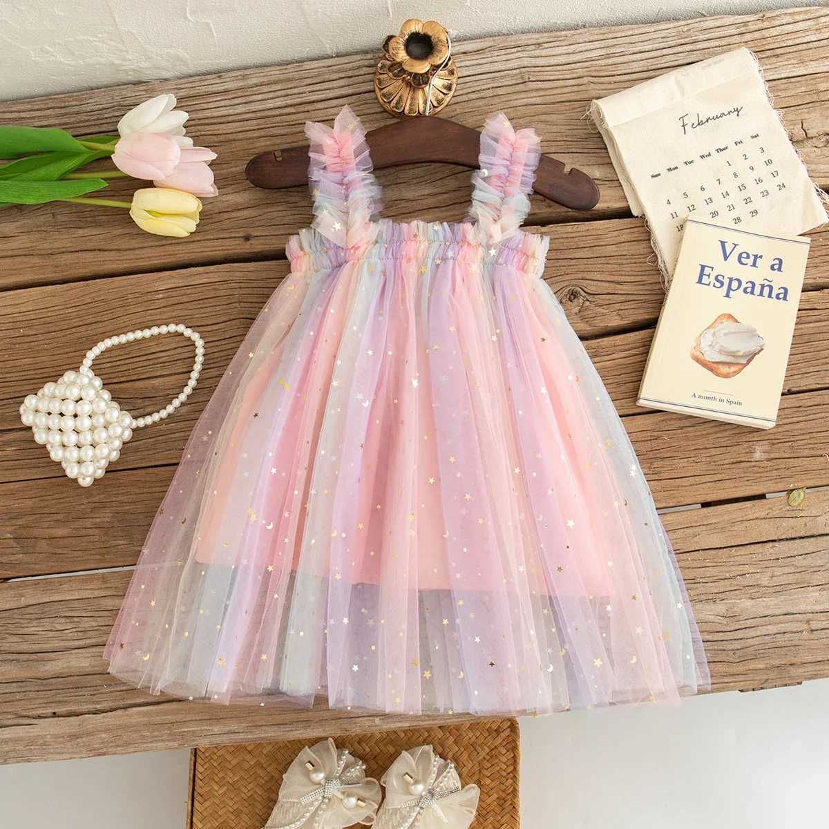 Baby Dresses Summer Colorful Sequins Mesh Baby Girl Dress Sweet Sling Girls Wedding Flower Girl Kids Dress Baby Girl Clothes H260407