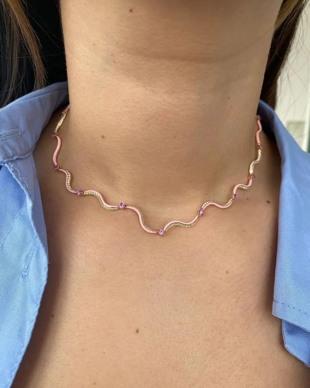 Colorful Enamel Water Wave Tennis Necklaces for Women Paved Bling Cubic Zirconia Gold Color Chocker Party Fashion Jewelry260410BJ - view 3