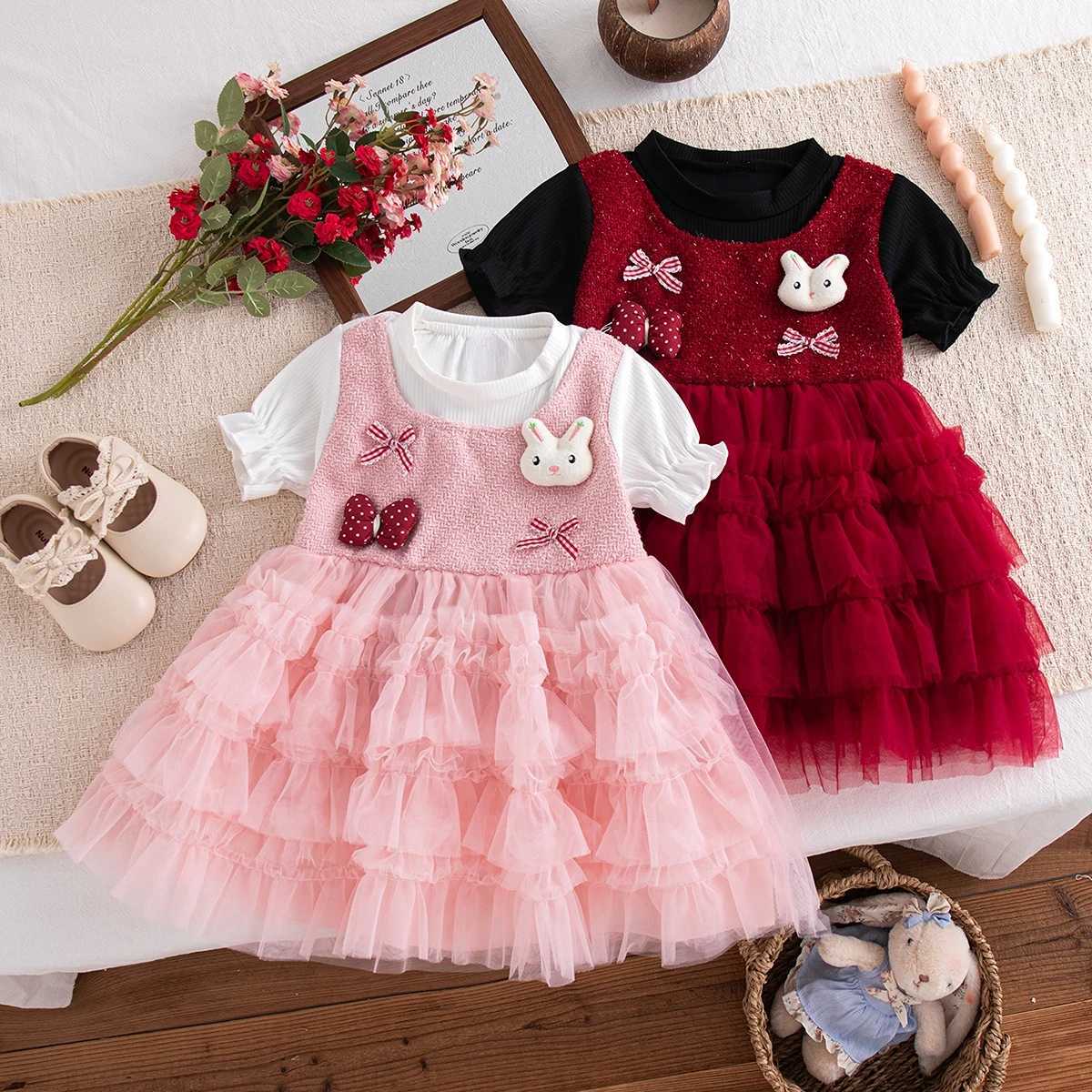Girls Dress Summer Bow Cartoon Mesh Short-Sleeve Baby Girl Dress Cute Princess New Year Baby Dress Baby Girl Clothes H260407