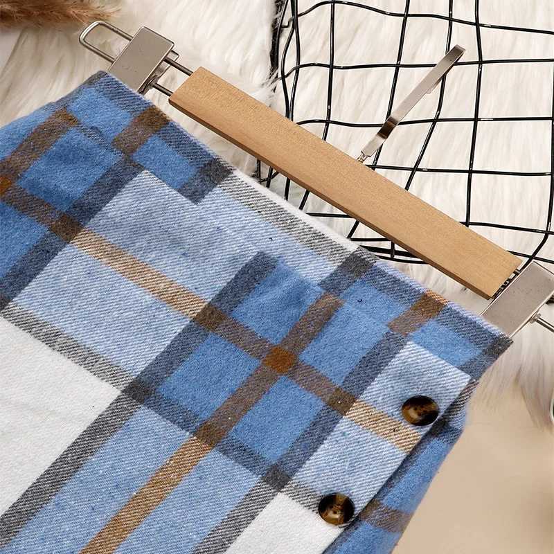 Winter Girls Cute Elegant Warm Blue And White Checkered Button Decorative Half Skirt Casual Princess Party Dress Half Skirt H260407