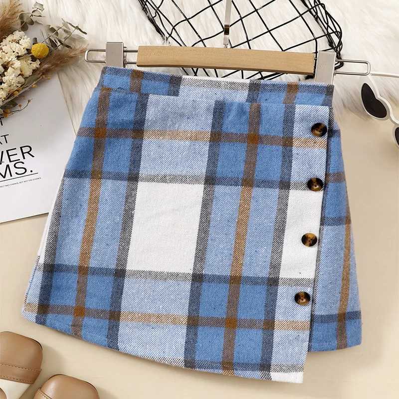 Winter Girls Cute Elegant Warm Blue And White Checkered Button Decorative Half Skirt Casual Princess Party Dress Half Skirt H260407