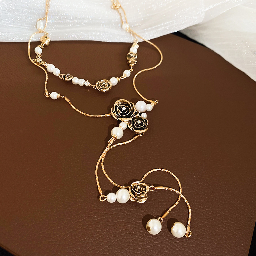 Vintage-style pearl letter sweater chain, long double-layered necklace with full rhinestones, ins celebrity style, light luxury, versatile and trendy - view 5