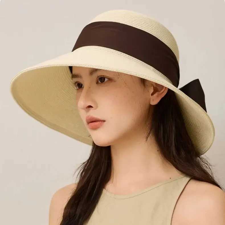 Summer Wide-Brimmed Sun Hat with Bow Ribbon Holiday Outing Sun Protection Straw Fishermans Hat H260407