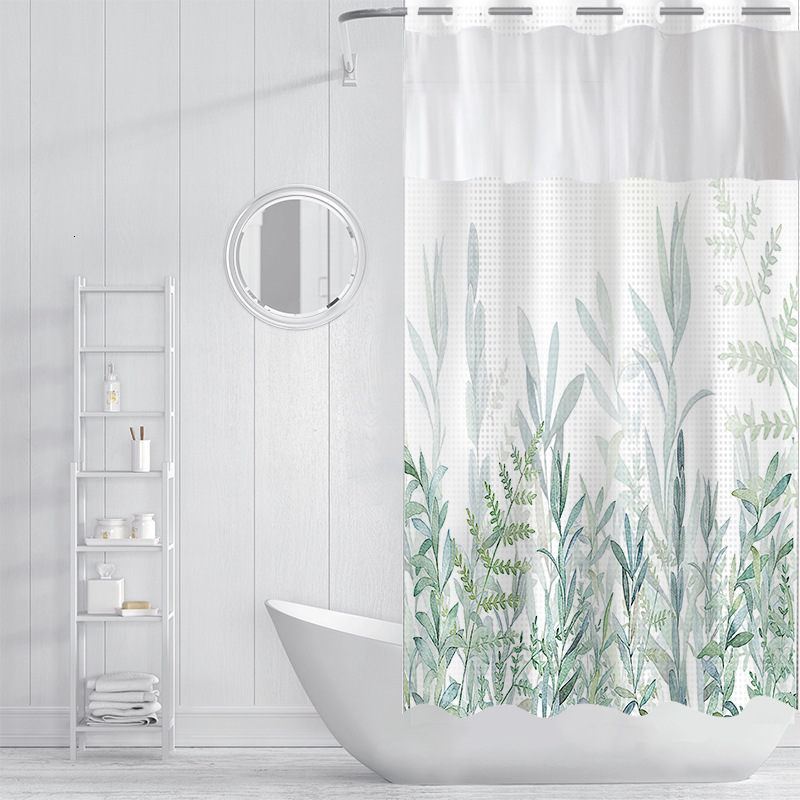 Shower Curtain Double Layer Large Ring Digital Printing Waffle Texture Flower Leaf Pattern Forest Style Waterproof For Bathroom Bedroom