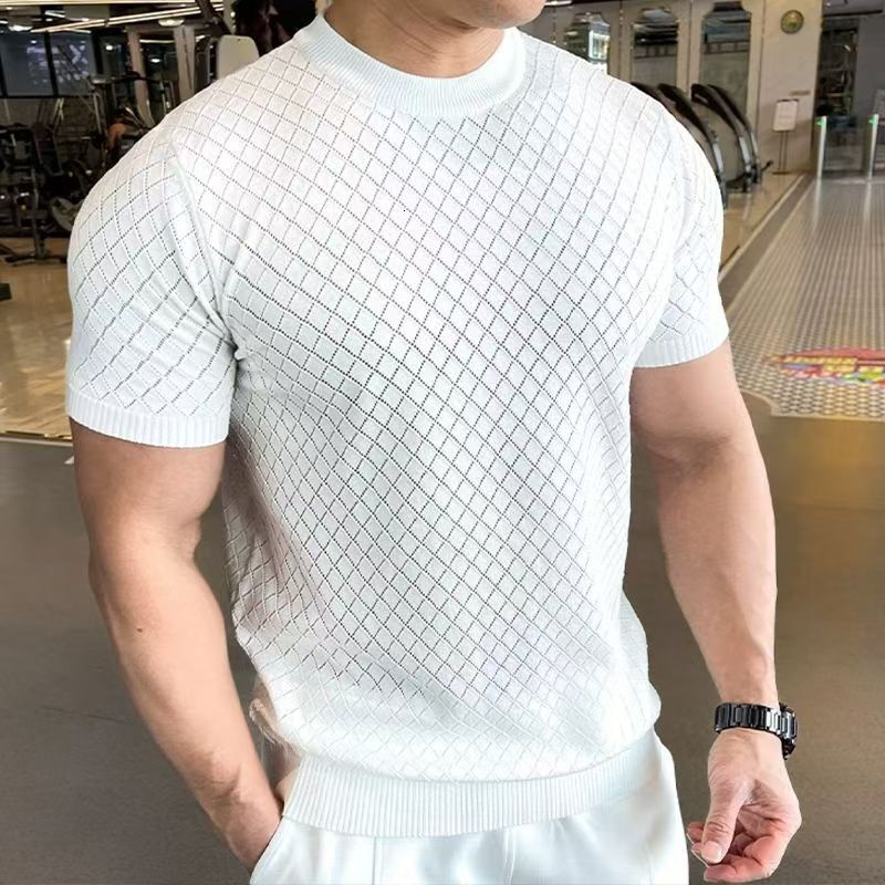Luxury Designer Men's Knitted Short Sleeve T-shirt, Premium Diamond Grid Texture High-end Slim Fit Casual Top Exclusive Breathable Fashion Tee For Gym & Daily