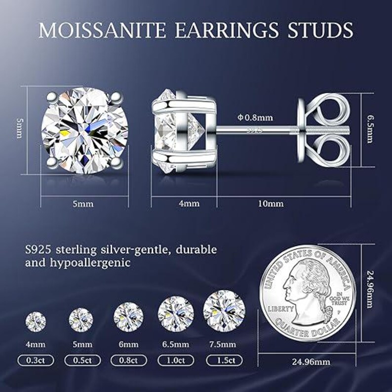 Moissanite Earrings 925 Sterling Silver Stud Earrings 18K White Gold Plating earrings for Men Women 3-8mm