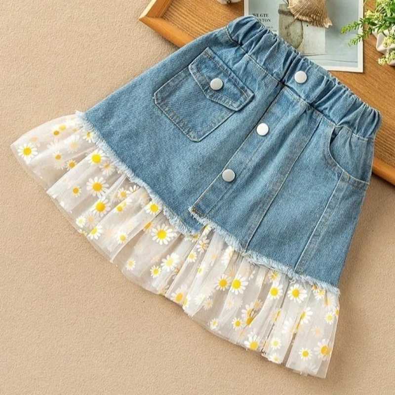 Girls Denim Mini Skirt Kids Summer Outfit with Floral Mesh Overlay Casual A Line Short Skirt for Girls 2026 New Arrival H260407
