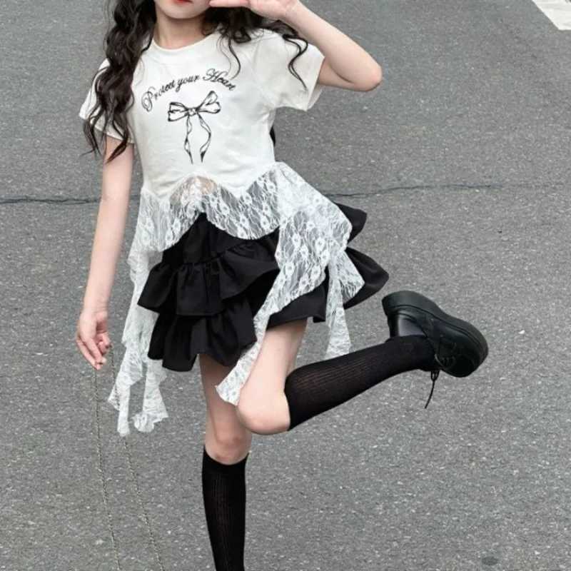 2026 New Girls Summer Dress Trendy Korean Style Short Sleeve Tiered Skirt Versatile Mix Match Casual Wear for Kids H260407