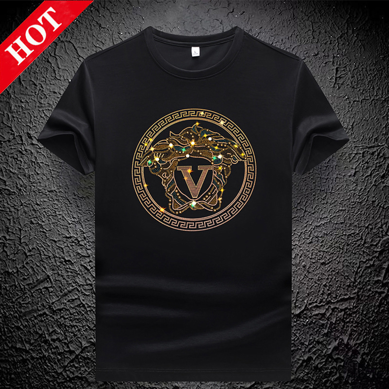 Luxury Brand Designer Trendy High-End Ice Silk Rhinestone Short Sleeve T-Shirt Men Fashion European Casual European Station Mercerized Cotton Men Thin