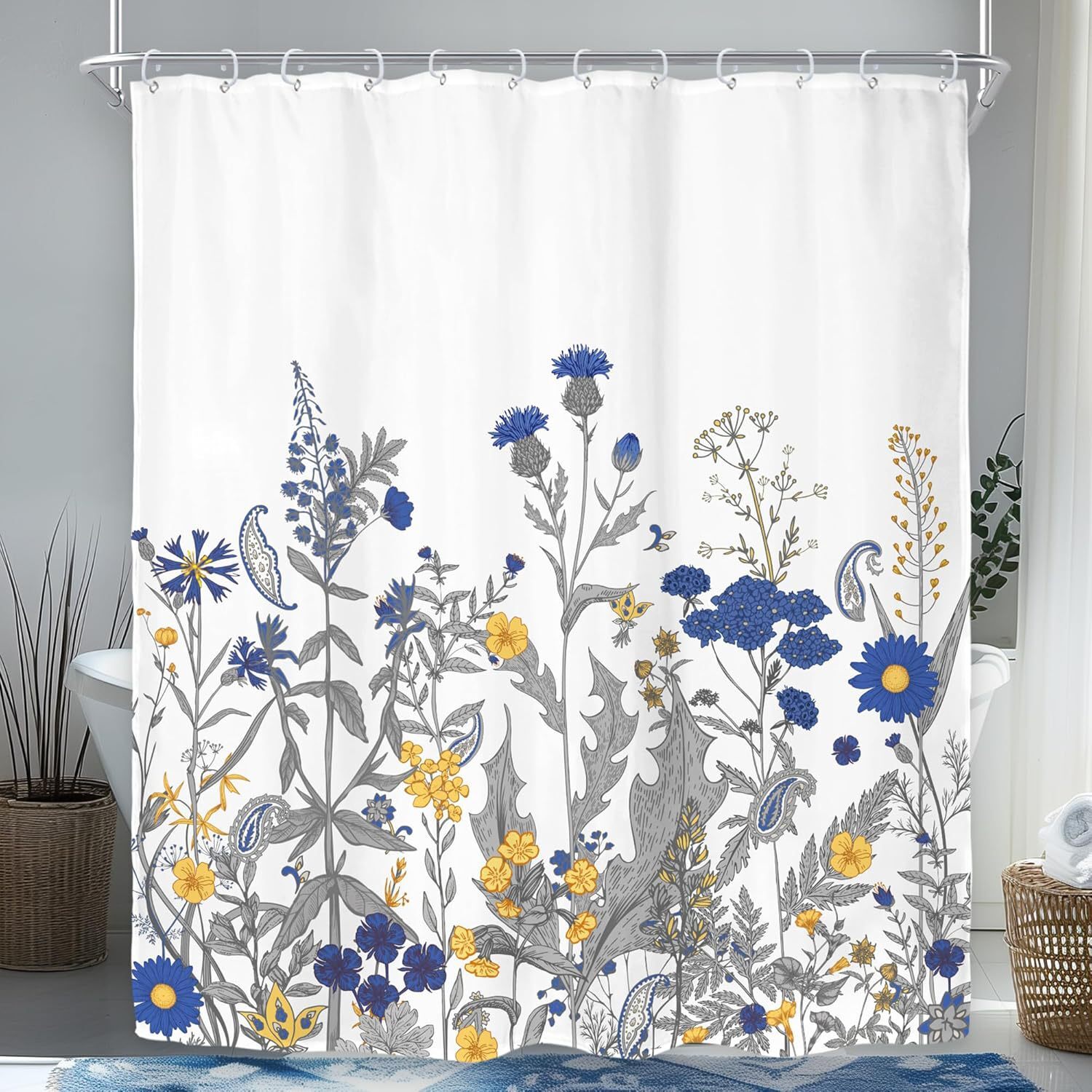 Bedroom Shower Curtain Simple Retro Plant Floral Pattern Black Gold Luxury Digital Printing Bathroom Partition Curtain With Hooks