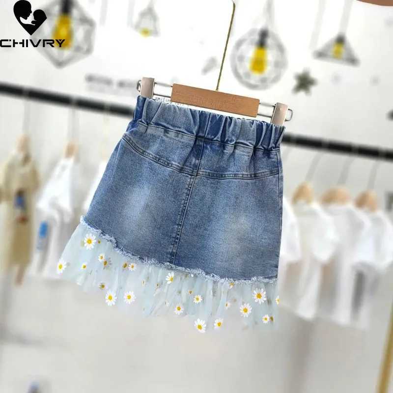 Summer New 2022 Kids Girls Fashion Skirts Mesh Patchwork Daisy Button Denim Skirt with Pockets Girls Children Casual Clothing H260407