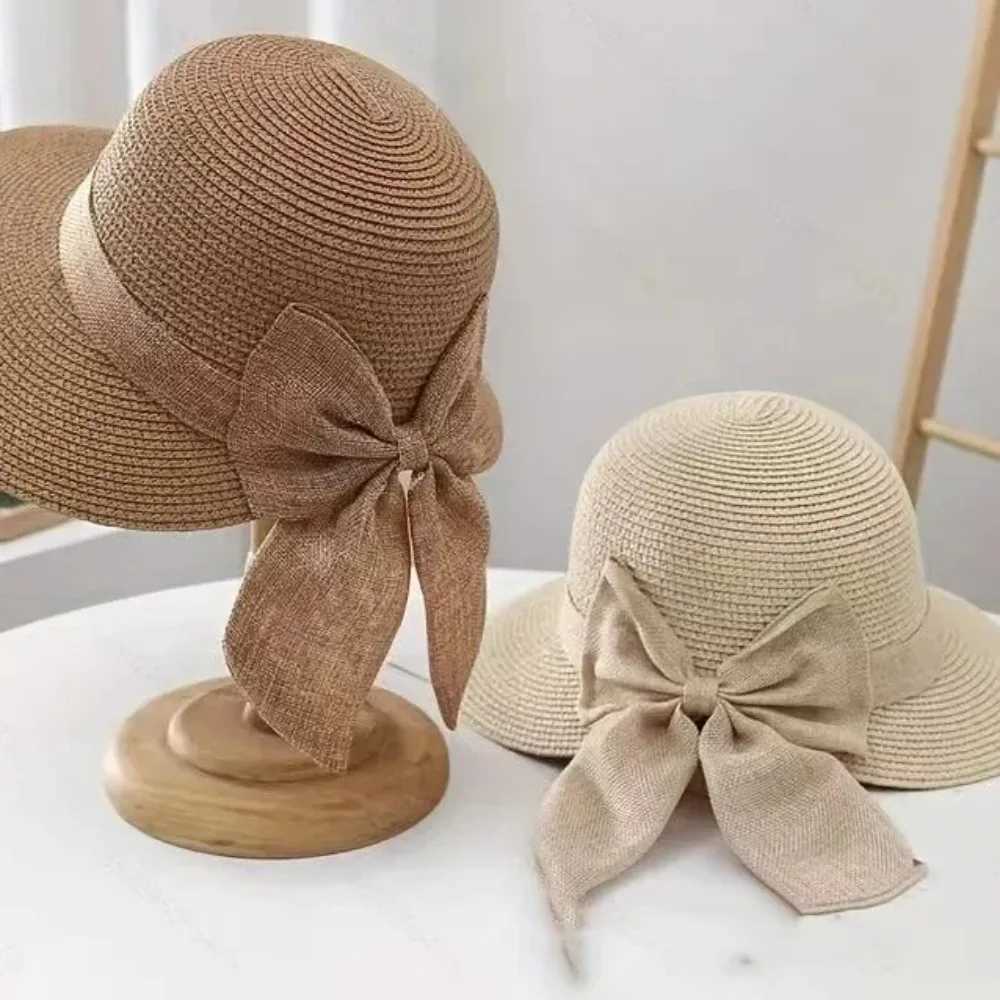 Korean Style Summer Sun Protection Woven WomenS Straw Hat Bow Tie Elegant Beach Hat Large Brim Sun Hat for Vacation Sun Hat H260407