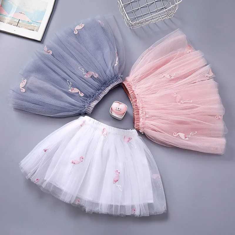 Flamingo Embroidery Girls Skirt Mesh Pleated Princess Skirt 2026 Summer Childrens Korean Fluffy Yarn Short Skirt 3-10T H260407
