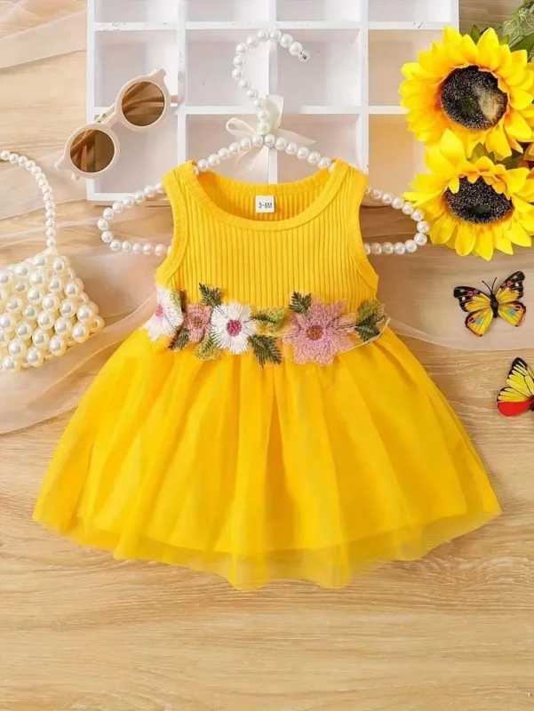 Soft Pink Knit Sleeveless Dress - 3D Flower Accent Tulle Skirt Girls Sweet Princess Outfit H260407