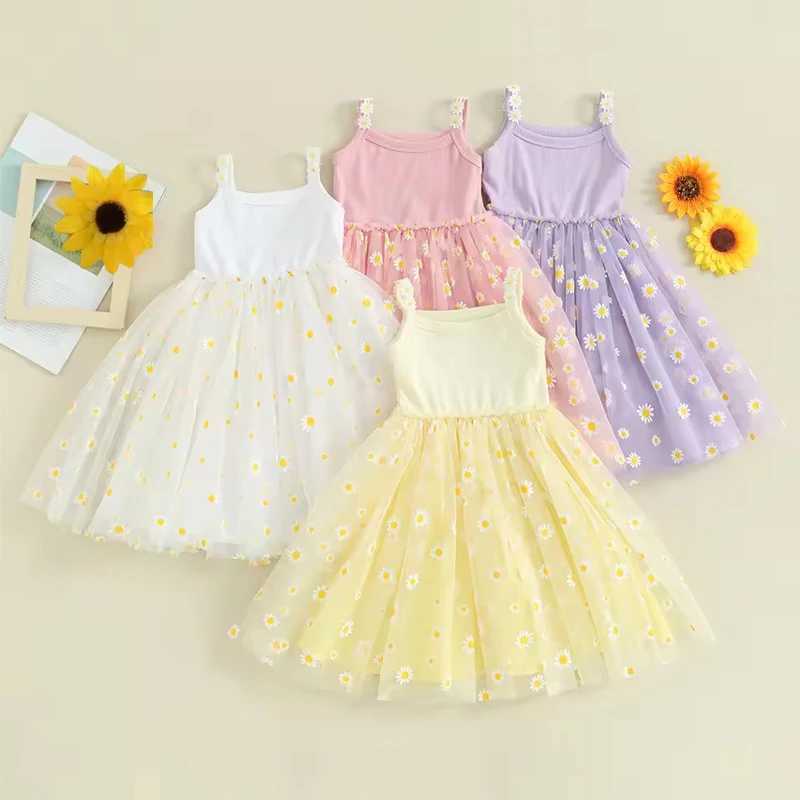 Korean Style Kids Girls Summer Dress 0-6Y Cute Baby Childrens Daisy Suspender Mesh Dress for Girls Sun Beach Holiday Clothing H260407