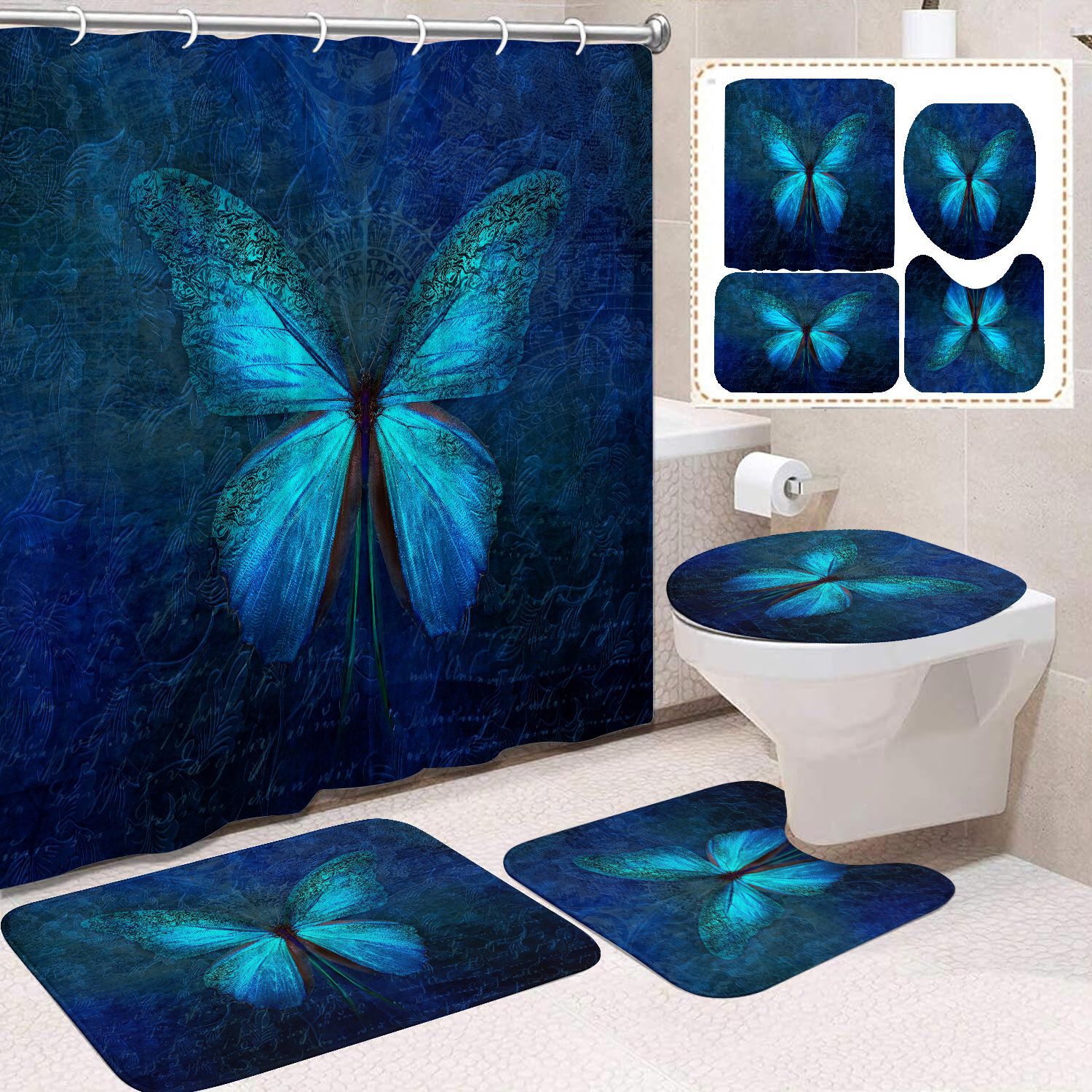 YL-38454 Home Decor Pink Butterfly and Flower Waterproof Shower Curtain Set (4 Pieces)