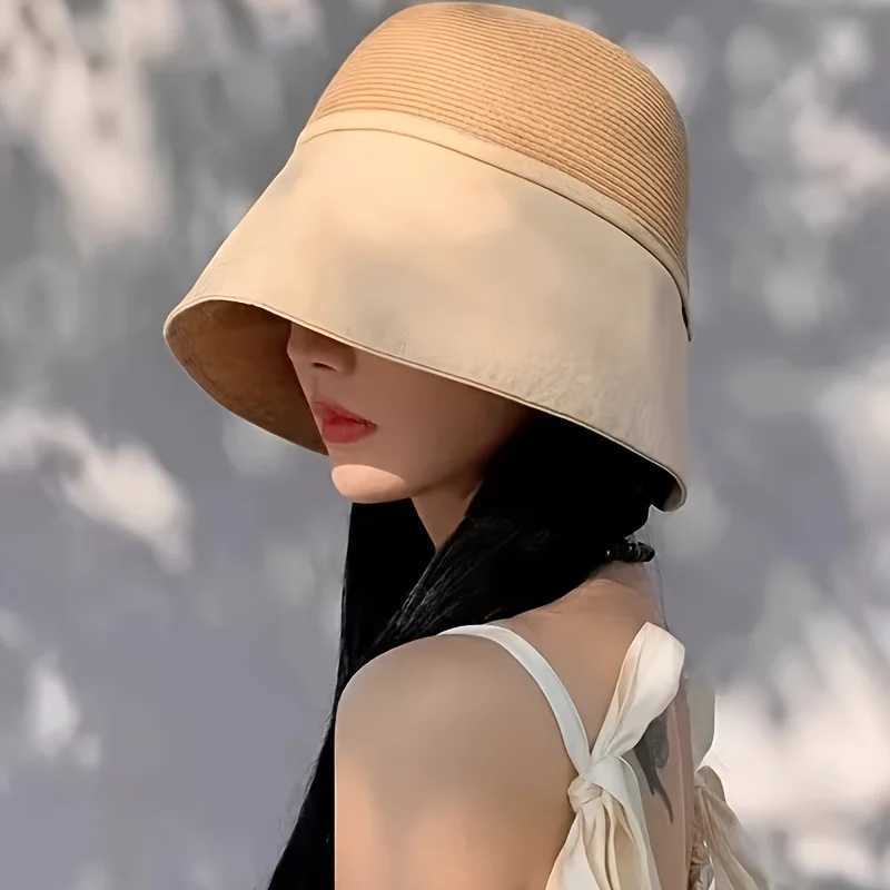 1pc Womens Versatile Patchwork Straw Hat with Pocket ScarfTravel Sunshade Dome Wide Brim Face Cover Bucket Hat for Beachparty H260407
