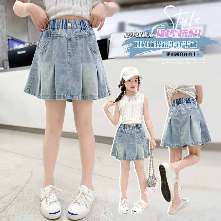 2026 SUMMER children Girls Clothes fashion teenager denim jeans safety shorts pant Pleated skirt jeans 4 8 9 10 11 12 years H260407