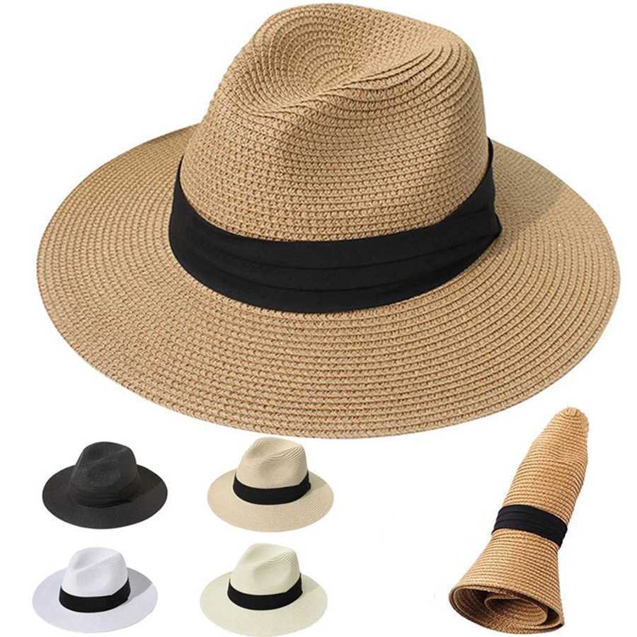 Sombrero panam de paja de ala ancha para hombre y mujer sombrero Fedora de verano para playa sombrero de paja UPF para mujer H260407