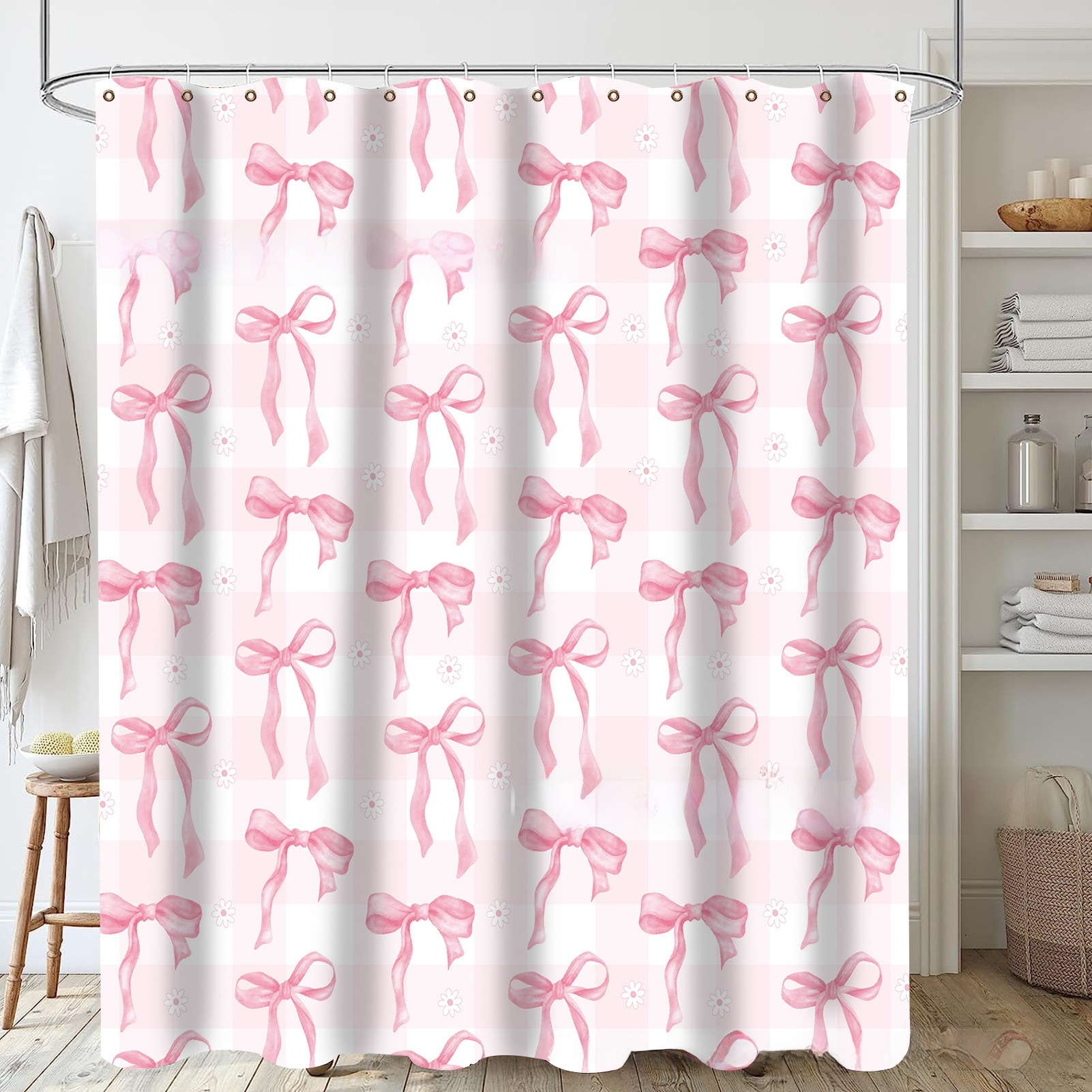 Shower Curtain Pink Bow Design Sweet Style Polyester Digital Printing Waterproof Bathroom Partition Curtain