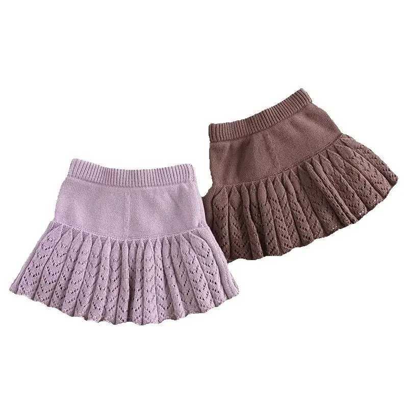 2026 Spring Autumn Kids Short Skirt Girls Cute Solid Color Knitted Pleated Skirt Children Hollow Out Knitted Shorts H260407