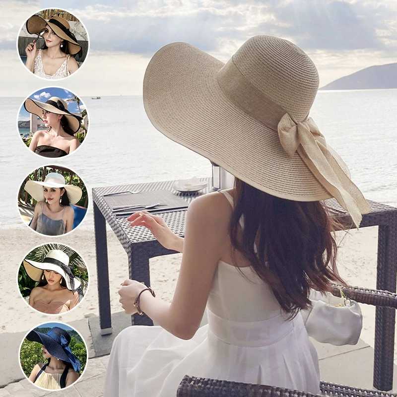 Summer Seaside Bow Beach Sun Hat Women Outdoor Travel Oversize Cap UV Protection Sea Beach Hat Wide Brim Sun Block Visor Hat H260407