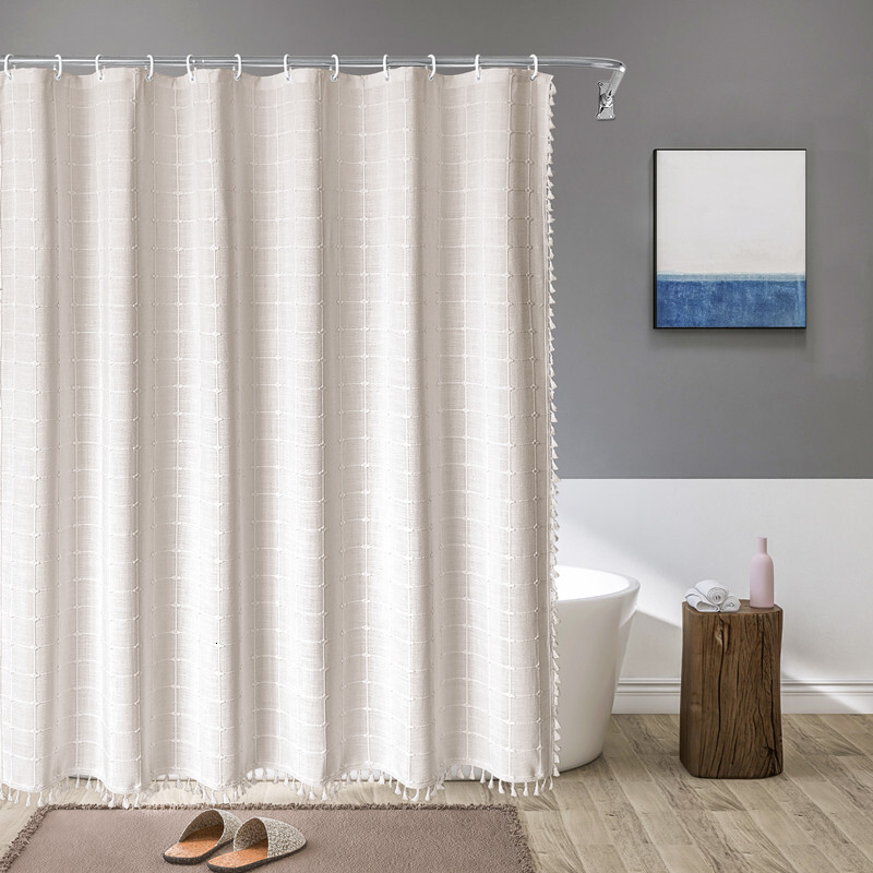 Shower Curtain 7.5cm Polyester Linen Tassel Checkered Design Waterproof Fabric Bathroom Partition Curtain