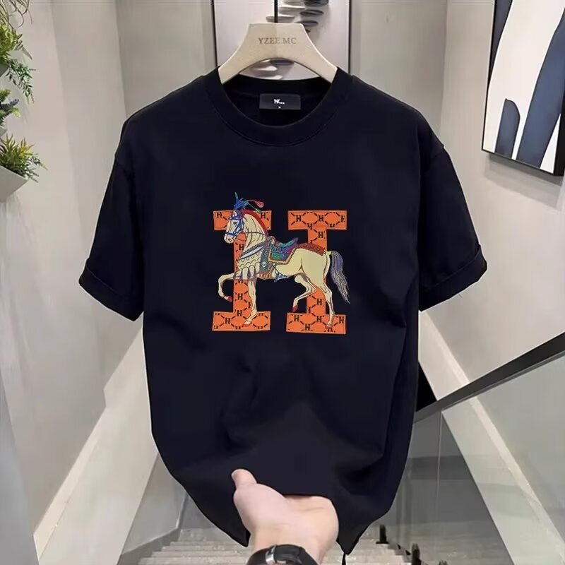 Designer Luxury Men's Sporty Casual T-shirt H Monogram Horse Print Oversized Cotton Tee High-end Fashion Streetwear Breathable Summer Active Top
