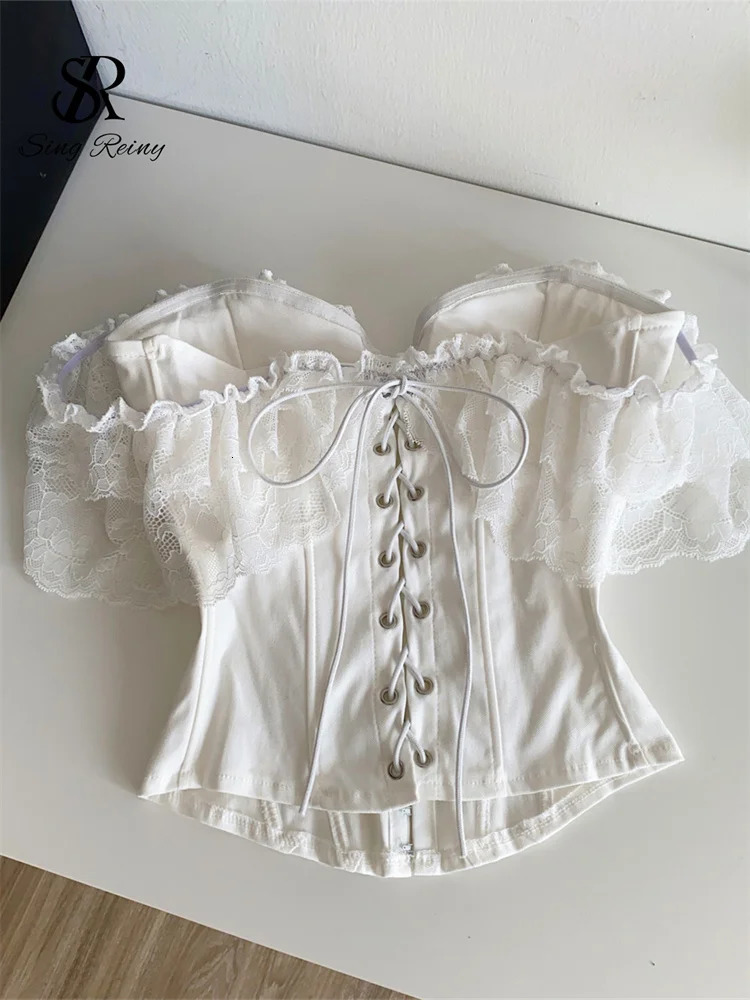SINGREINY Feminine Lace Corset Tops Off Shoulder Lace Up Splice Summer 2026 Tank Top French Style Court Versatile Sensual Camis 260327