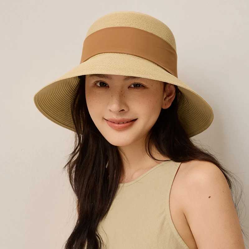 French Vintage Straw Hat Women Elegant Black Ribbon Bow Beach Sun Hat 9cm Wide Brim Breathable Paper Straw Summer Vacation Cap H260407