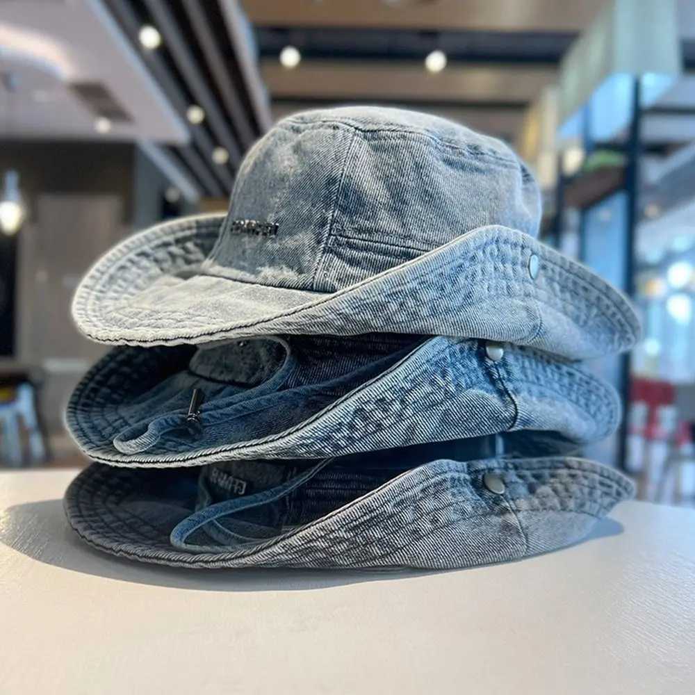Portable Sun Protection Denim Cloth Bucket Hat Breathable Anti-UV Cowboy Hat Retro Casual Sun Protection Hat Fishing H260407