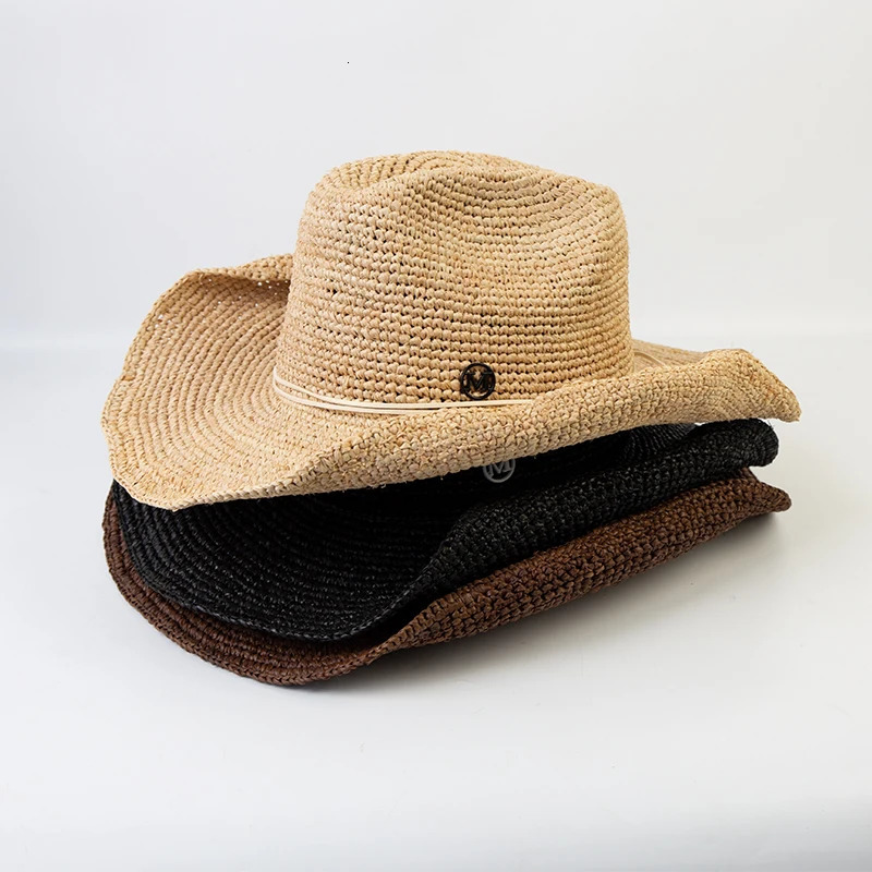 Hand-crocheted Natural Raffia Straw Western Cowboy Hat for Women Men Summer Wide Brim Sun Hat Outdoor Breathable Beach Panama 260407
