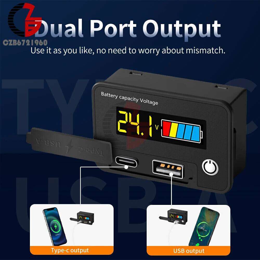 DC 8-30V Level Indicator LCD Digital Voltmeter Voltage Tester Lithium Battery Charge Capacity Meter USB+Tpye-C Output