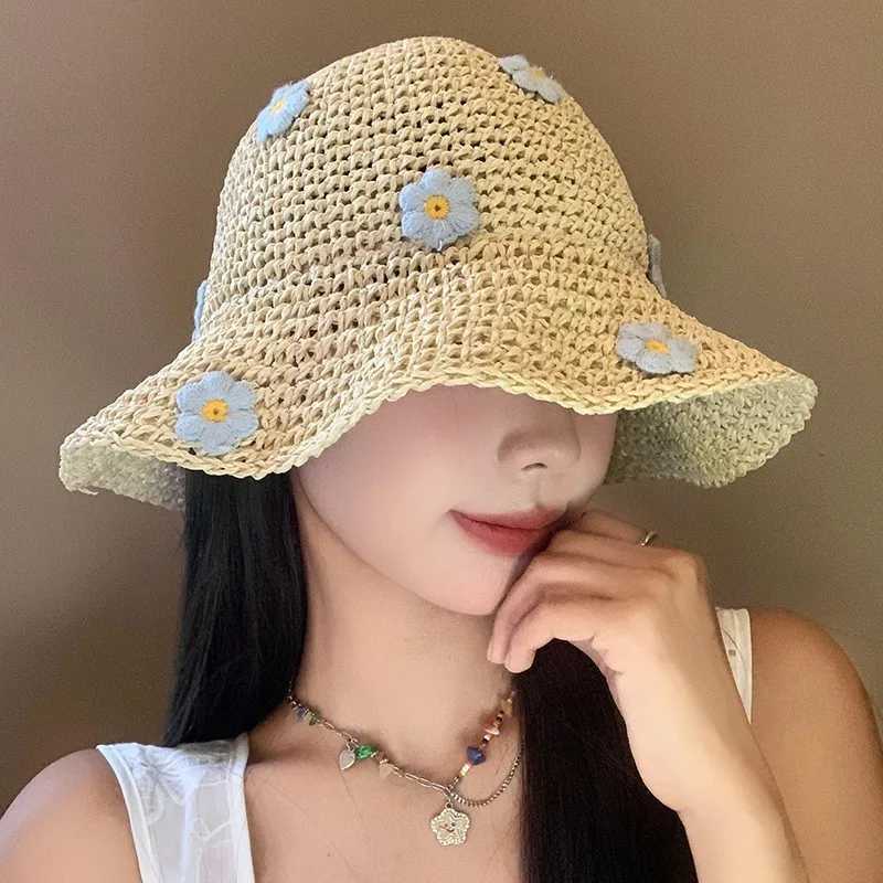1Pc Woven Flower Decoration Fisherman Hat Summer Sun Shading Straw Woven Hat Fresh Girl Leisure Hat Outdoor Sun Protection Hat H260407