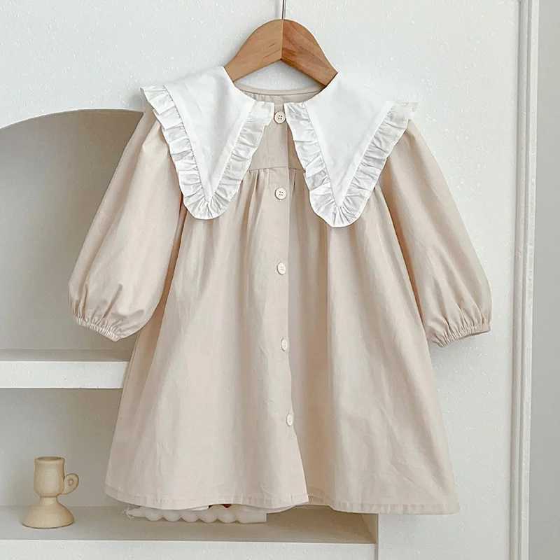 Spring Kids Baby Girls Long Sleeve Sweet Doll Collar Solid Color Princess Dress Autumn Baby Girls Dress Children Clothes Dress H260407