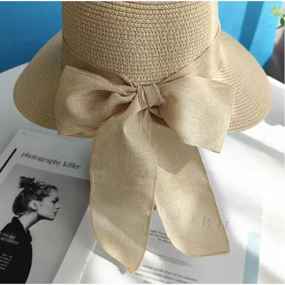 Korean Style Summer Sun Protection Woven WomenS Straw Hat Bow Tie Elegant Beach Hat Large Brim Sun Hat for Vacation Sun Hat H260407