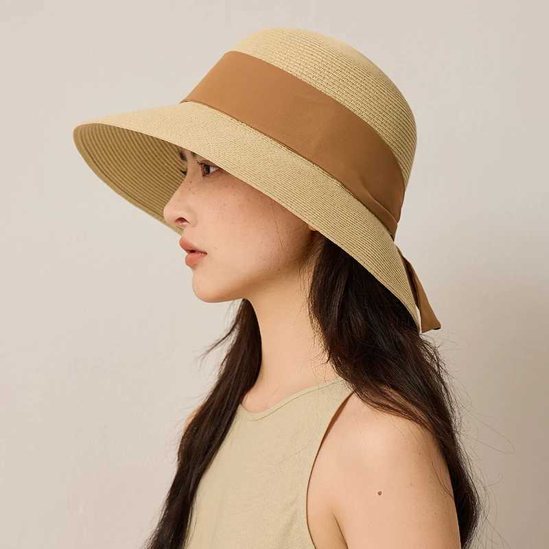 French Vintage Straw Hat Women Elegant Black Ribbon Bow Beach Sun Hat 9cm Wide Brim Breathable Paper Straw Summer Vacation Cap H260407