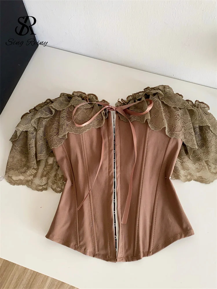 SINGREINY Feminine Lace Corset Tops Off Shoulder Lace Up Splice Summer 2026 Tank Top French Style Court Versatile Sensual Camis 260327