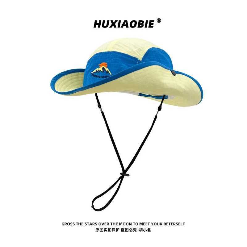 Japanese Color-blocked Bucket Hat Spring and Summer Outdoor Shade Windproof Lace-up Quick-drying Hiking Cap for Men and Women H260407