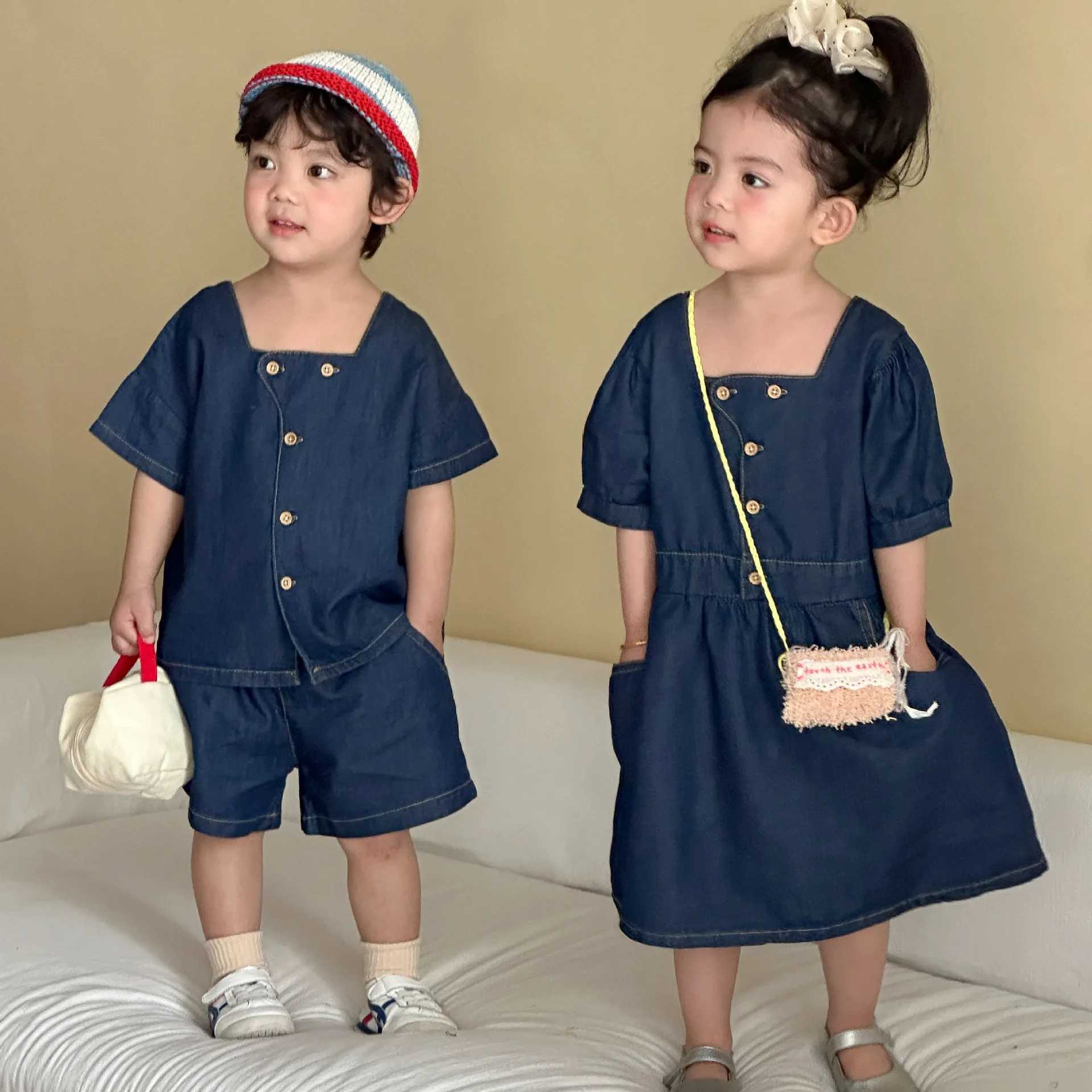 2026 Summer Cotton Denim Clothes Blue Square Neck Dress for Girls Diagonal Button TeeShorts 2Pcs Clothing for Boys H260407