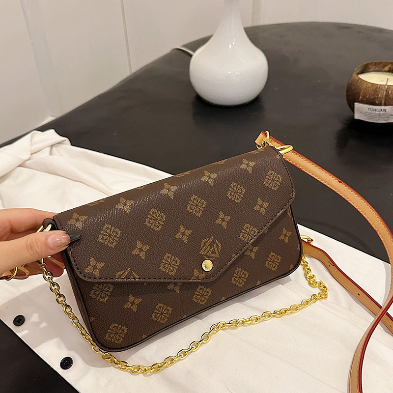 2025 New Arrival Monogram Print Envelope Bag, Women's PU Leather Flap Crossbody with Gold Chain, Trendy 3-Way Shoulder/Crossbody/Top Handle Bag f