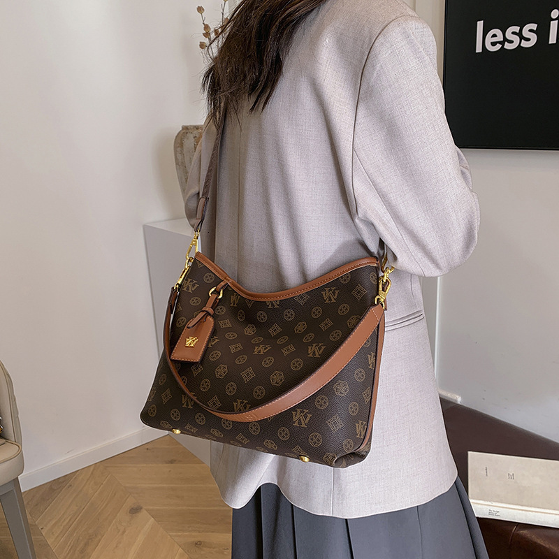2026 New Arrival Monogram Print Hobo Bag for Women - Premium Brown Faux Leather Crossbody Handbag, Retro Luxury Shoulder Tote