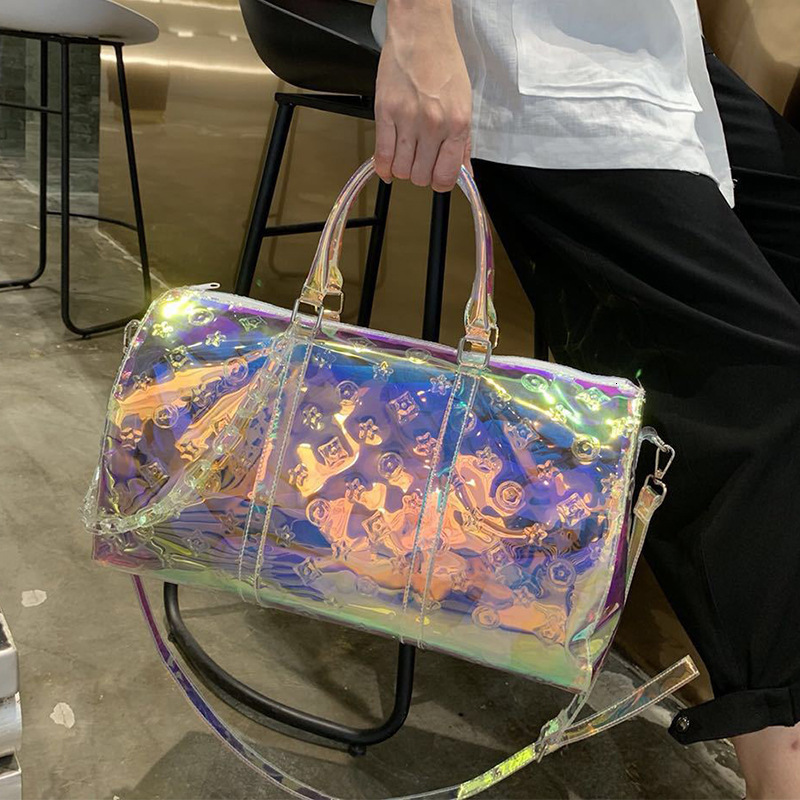 2026 New Arrival Holographic Monogram Boston Bag for Women - Transparent Iridescent Handbag with Chain, Futuristic Luxury Tote