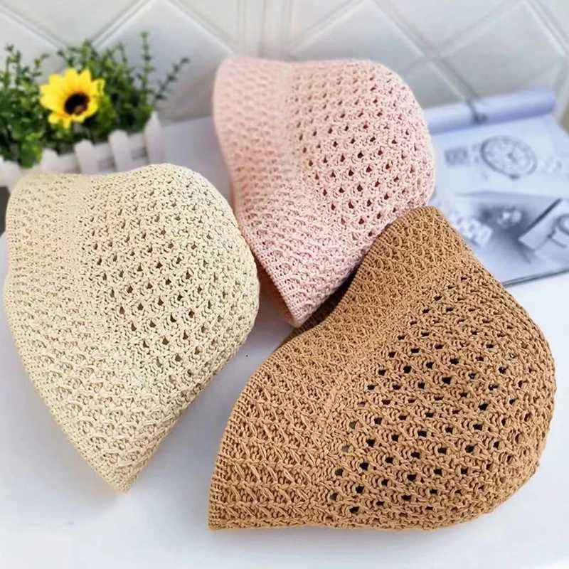 Bucket Hat Spring Summer Hollow Knitted Hat Solid Color Sunhat Fisherman Caps Casual Foldable Beach Cap H260407