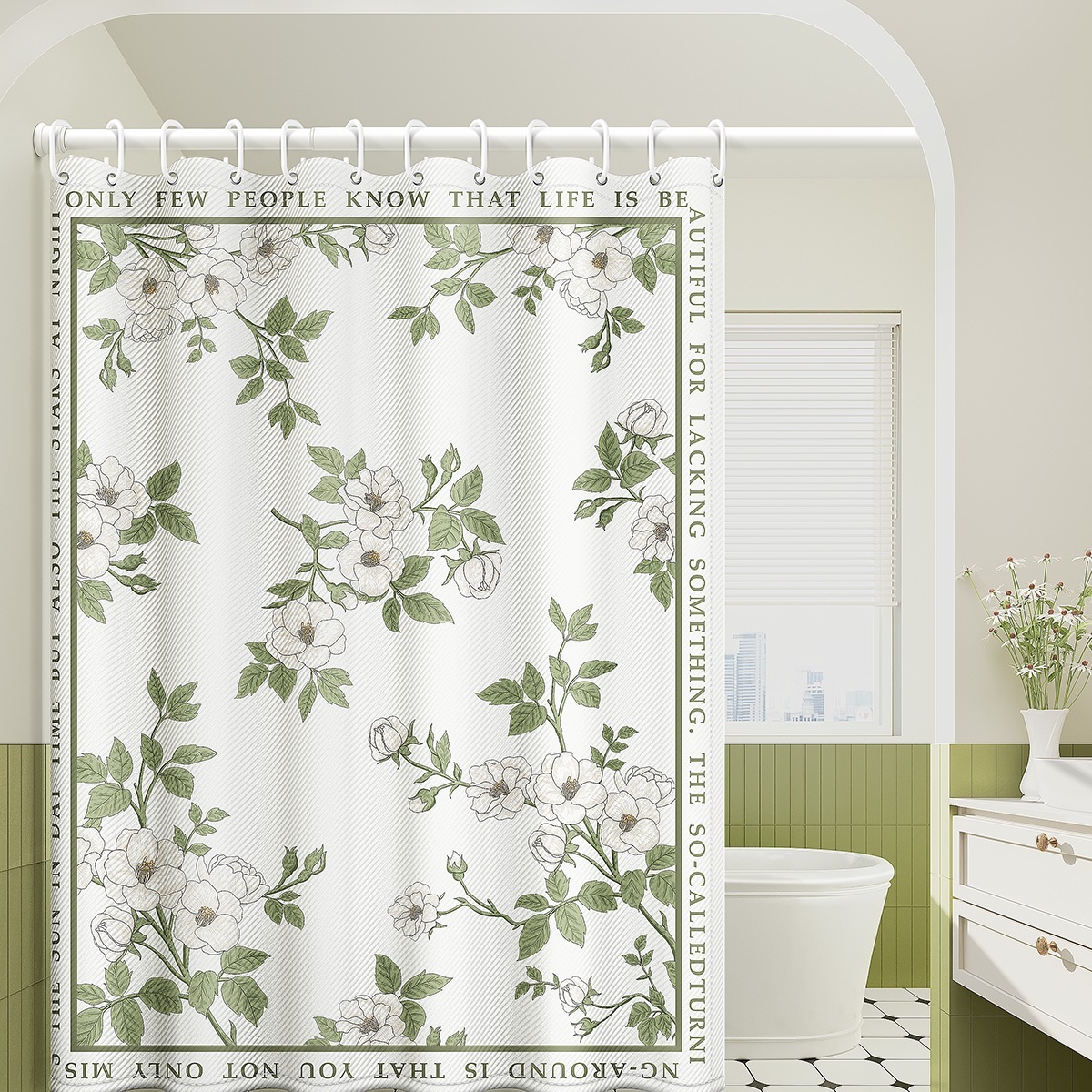 Shower Curtain Camellia Style Elegant Light Luxury Waterproof Wet And Dry Separation Partition Curtain For Bathroom Toilet Restroom