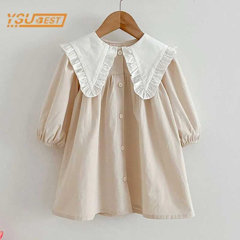 Spring Kids Baby Girls Long Sleeve Sweet Doll Collar Solid Color Princess Dress Autumn Baby Girls Dress Children Clothes Dress H260407
