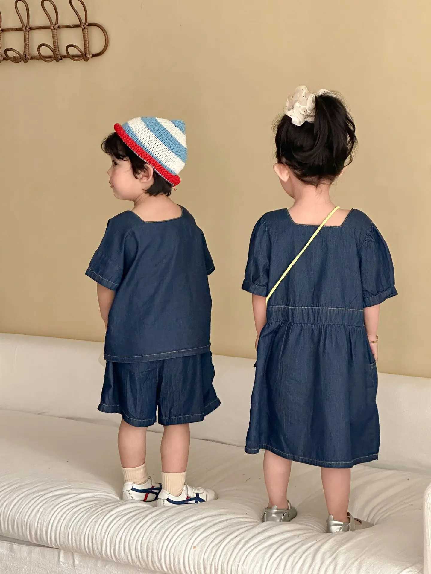 2026 Summer Cotton Denim Clothes Blue Square Neck Dress for Girls Diagonal Button TeeShorts 2Pcs Clothing for Boys H260407